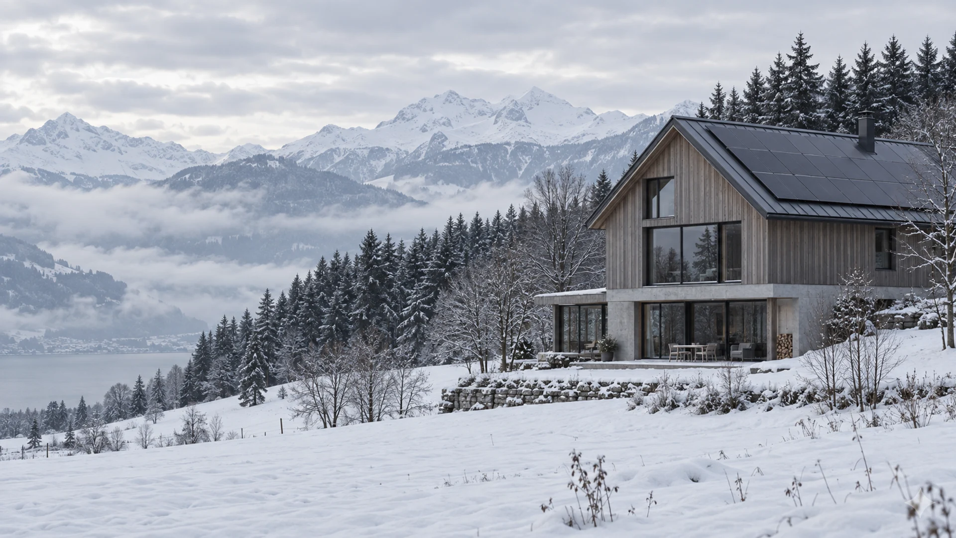 Concept visualization of a solar-roofed Swiss home in a quiet winter landscape