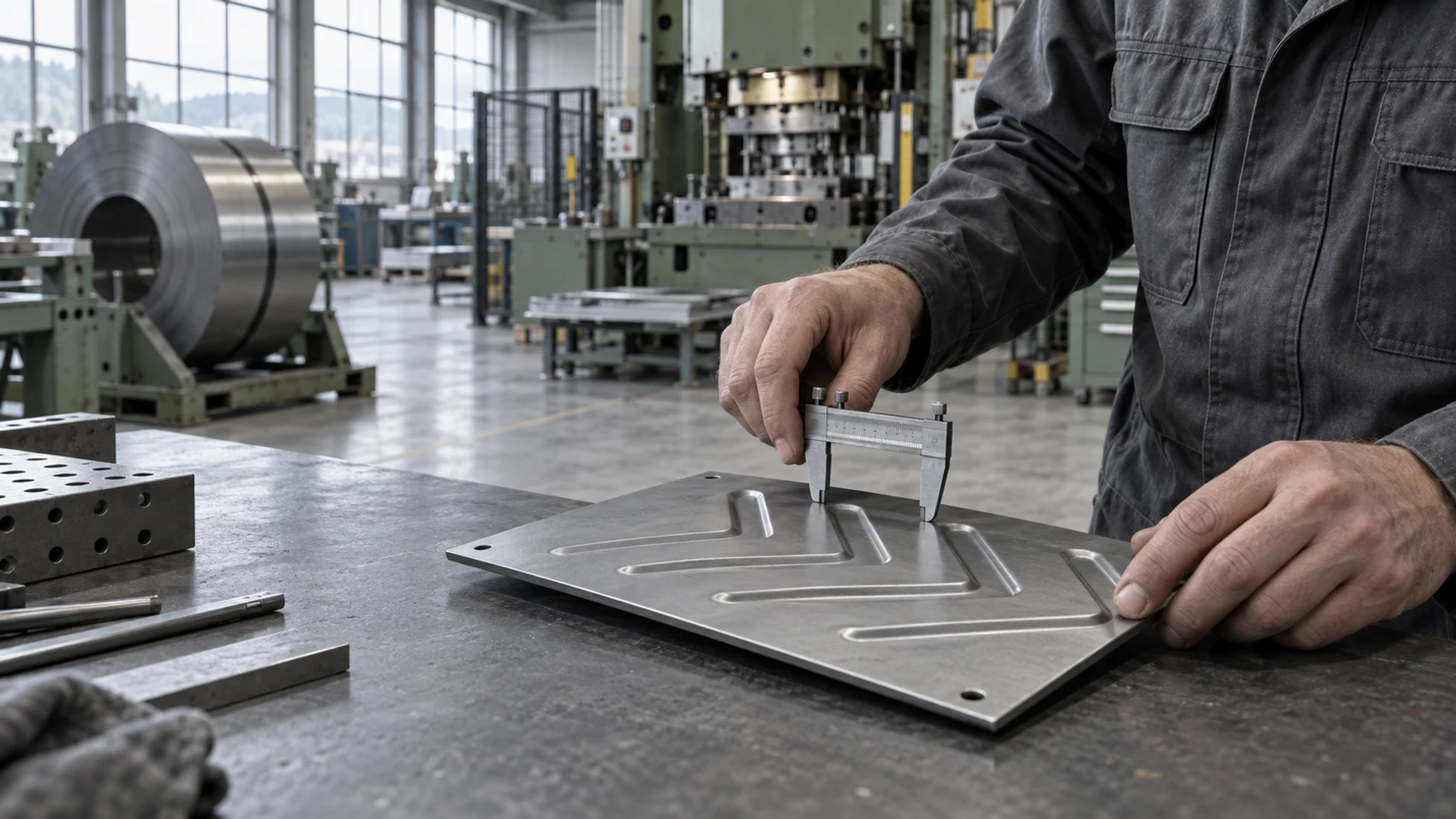 Concept visualization of a technician measuring stamped steel drainage geometry in a manufacturing workshop
